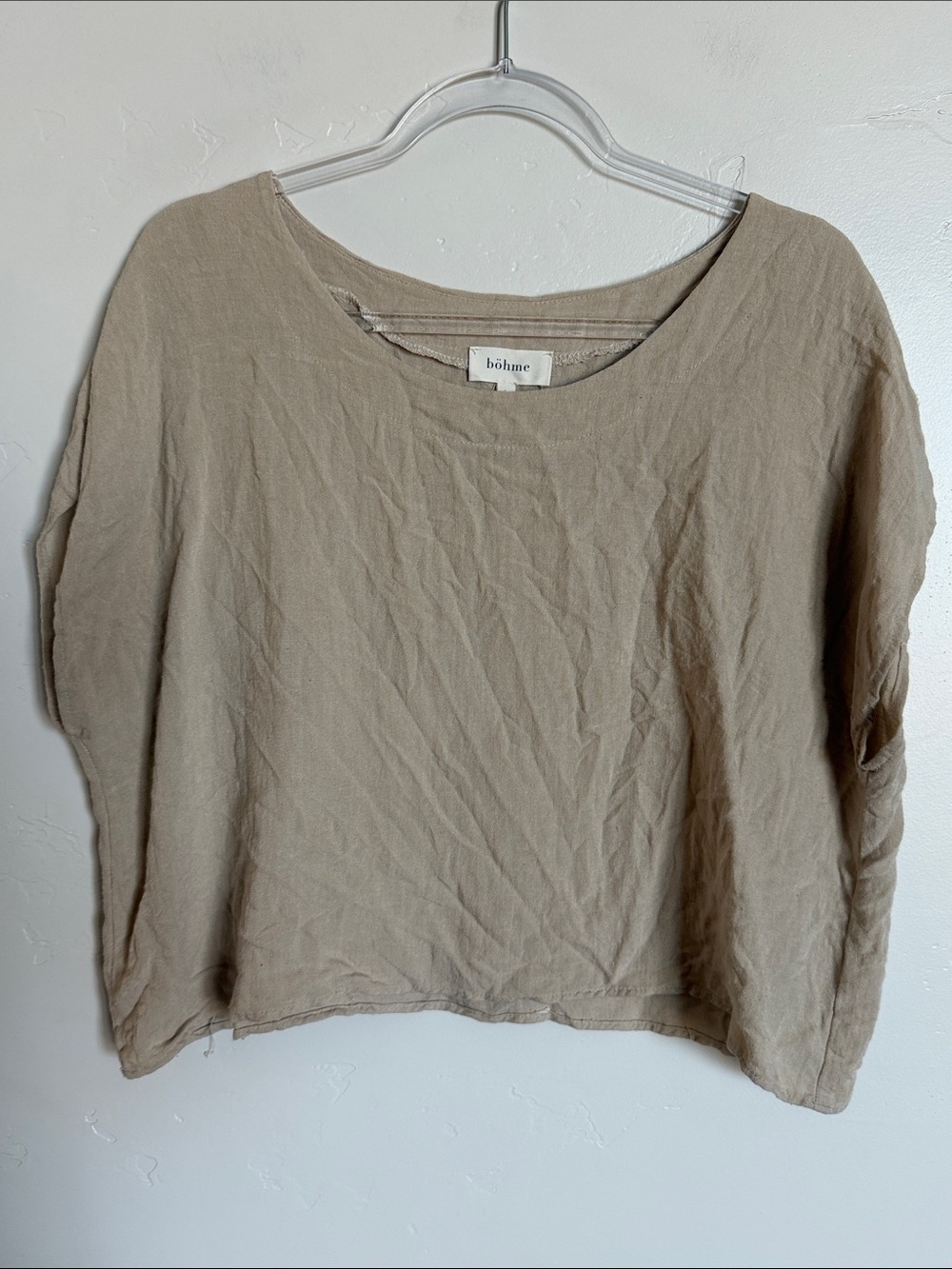 bohme Neutral Taupe Boxy Short Sleeve Woven Top